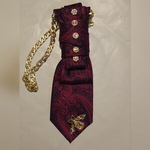 Burgundy Paisley Tie with Gold Chain and Crystal Accents